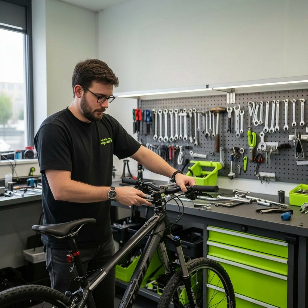 Hände beim Reparieren eines Fahrradrades